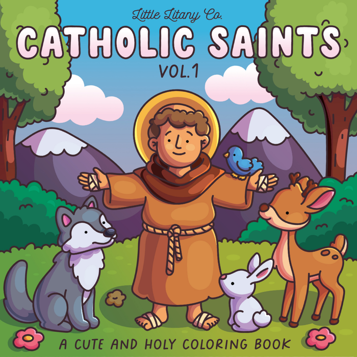 Cover of The Catholic Saints Coloring Book Vol. 1 by Little Litany Co, featuring hand-illustrated saint artwork.
