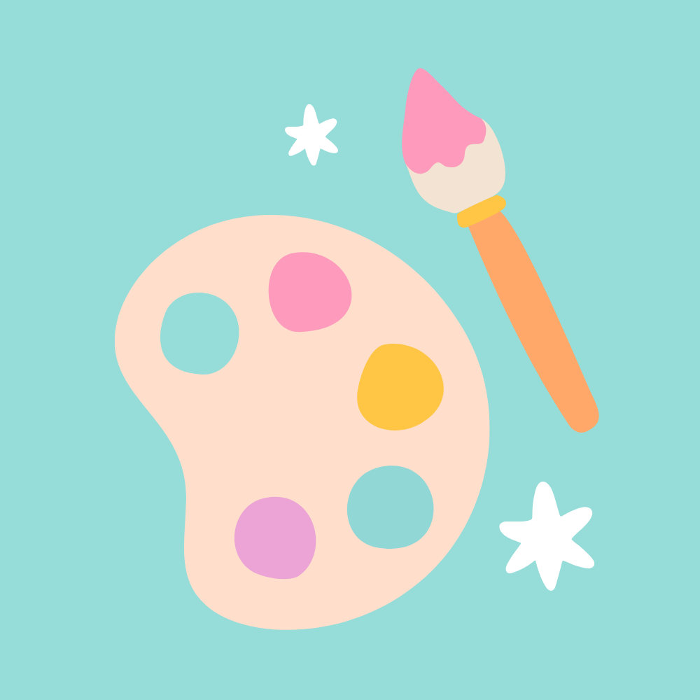 Colorful paint palette with a brush on a light blue background