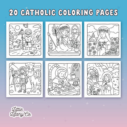 Inside pages of The Catholic Saints Coloring Book Vol. 1 showing hand-drawn Catholic saints to color.
