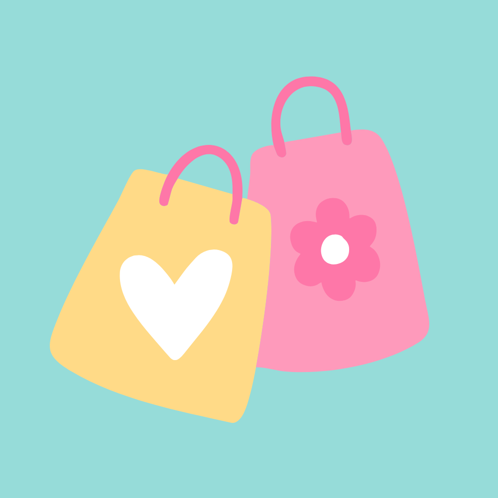 Two colorful bags, one yellow with a heart and one pink with a flower, on a light blue background.