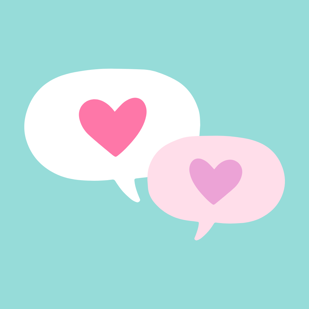 Two speech bubbles with hearts inside on a light blue background
